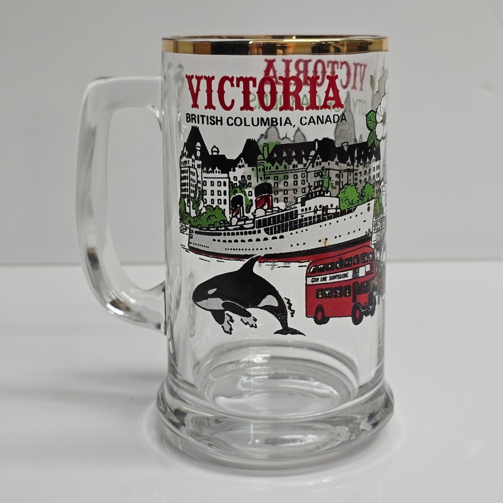 Victoria British‎ Columbia Canada Souvenir Glass Beer Stein Mug Gold Rim Clear